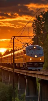Train crossing a bridge at sunset with vibrant colors and nature.