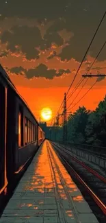 Train on tracks at sunset with orange sky.