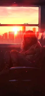 Woman in train at sunset with city skyline in view.