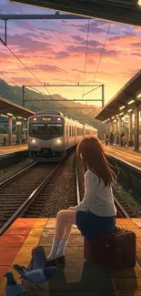 Anime girl at train station at sunset with pigeons.