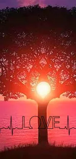 Sunset tree with love heartbeat graphic on a serene background.