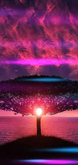 Silhouette of a tree against a vibrant sunset and purple sky.