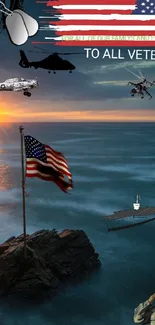 American flag on rocky ocean at sunset with soldier tribute.