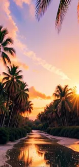 Tropical sunset with palm trees and lagoon reflection.