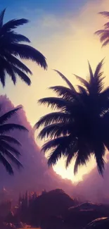 Sunset scene with palm trees and purple sky.