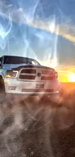 White pickup truck on country road at sunset.