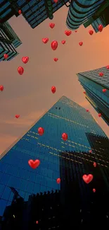 Urban skyscrapers at sunset with vibrant sky.