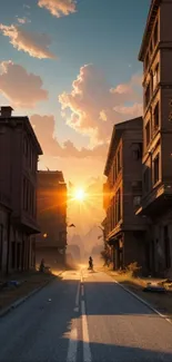 Sunset over a deserted urban street scene with glowing sky and buildings.