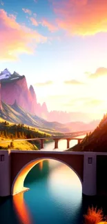 Vibrant sunset over a valley with a bridge, mountains, and a glowing sky.