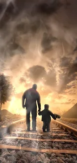 Silhouette of father and son walking on railway tracks at sunset in a misty landscape.