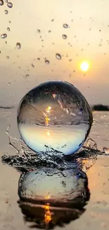 Sunset reflected in a water droplet during a serene evening.