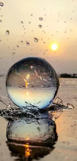 Sunset reflected in a water droplet, creating a serene and artistic mobile wallpaper.