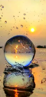 Sunset reflecting on water with droplets, creating a serene artistic scene.