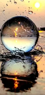 Reflective water sphere at sunset on calm water.