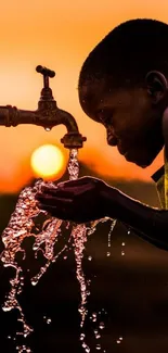 Child at a water tap during sunset with flowing water and orange sky.