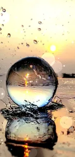 Serene sunset reflected in a water droplet on mobile wallpaper.