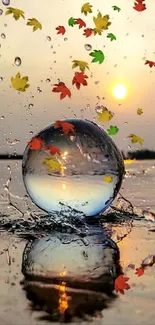 Sunset through a glass sphere with splashing water droplets on a serene lake surface.