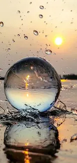 Sunset with water splash and reflections creating a serene mobile wallpaper.