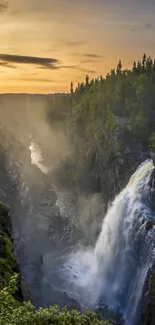 Majestic waterfall with forest at sunset.