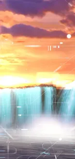 Digital art of a waterfall at sunset with glowing orange skies.