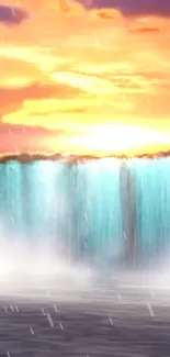 Sunset over a turquoise waterfall with glowing orange sky.