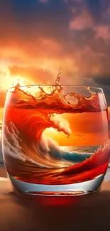 Stunning sunset wave inside a glass with vivid orange hues over a beach.