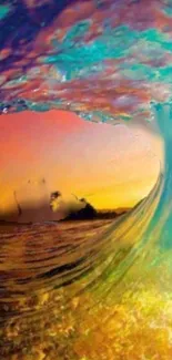 Vibrant sunset wave with tropical backdrop wallpaper.