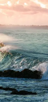 Aesthetic sunset beach wallpaper with waves and colorful sky.