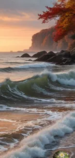 Waves crash against a rocky shore at sunset with autumn trees.