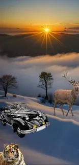 Sunset view with a deer, tiger, and vintage car in a snowy landscape.