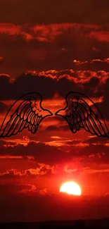 Angel wings on an orange-red sunset background, perfect for mobile screens.