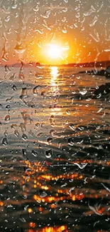 Sunset over ocean with raindrop effect on mobile wallpaper.