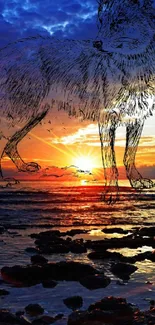 Wolf sketch over sunset ocean with vibrant colors.