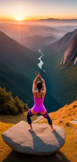 Woman practicing yoga on a mountain at sunset.