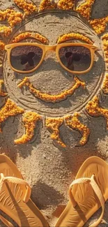 Sun-shaped sand art with sunglasses