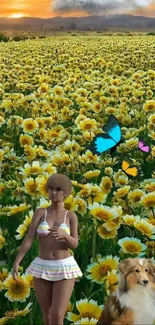 Yellow flower field with butterfly, woman, and dog under sunset.