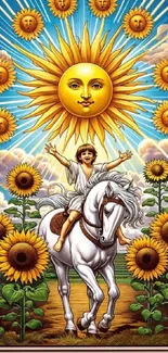 Child riding a white horse among sunflowers.