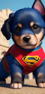 Superhero puppy in a red cape with a city background.