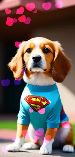 Dog wearing a blue superhero costume sitting outside.