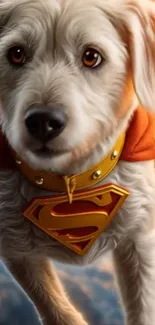 Superhero dog in cape and collar on adventure.