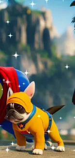 Dogs in superhero costumes on a colorful background.