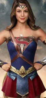 Superhero-inspired female warrior posing confidently in costume.