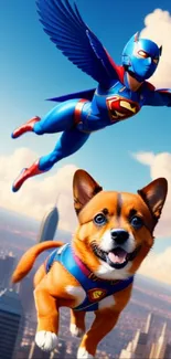 Super pet and flying superhero soar over a vibrant cityscape.