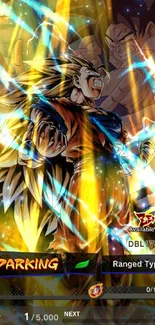 Super Saiyan 3 Goku with energy bursts in vibrant colors.