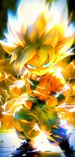 Super Saiyan anime character with electric aura in dynamic stance.