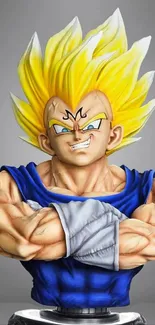A powerful Super Saiyan anime character with yellow hair and blue outfit.
