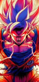 An intense Super Saiyan anime character in vibrant red and blue hues.