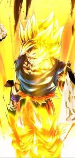 Super Saiyan character with glowing aura in intense anime scene.