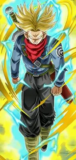 Super Saiyan warrior with electric energy aura in dynamic wallpaper design.