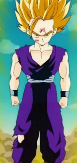 Super Saiyan anime character in battle stance with gold hair and purple outfit.